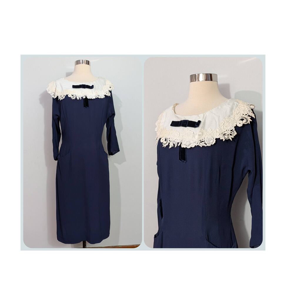 Blue Wiggle Dress with Tatted Lace Collar